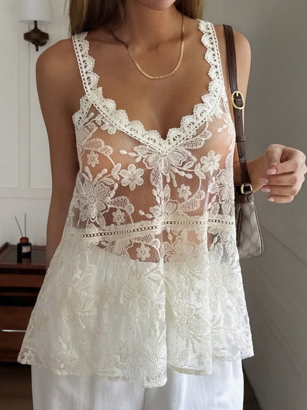 Apricot Boho Women's Loose V Neck Sheer Lace Jacquard Spaghetti Strap top - Picture 1 of 7
